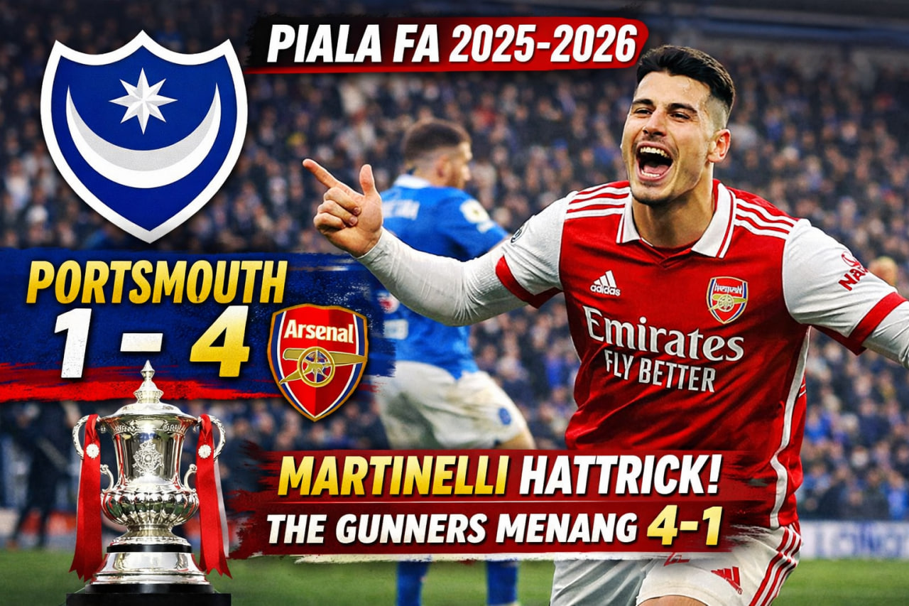 Hasil Portsmouth vs Arsenal di Piala FA 2025-2026: Gabriel Martinelli Hattrick, The Gunners Menang 4-1