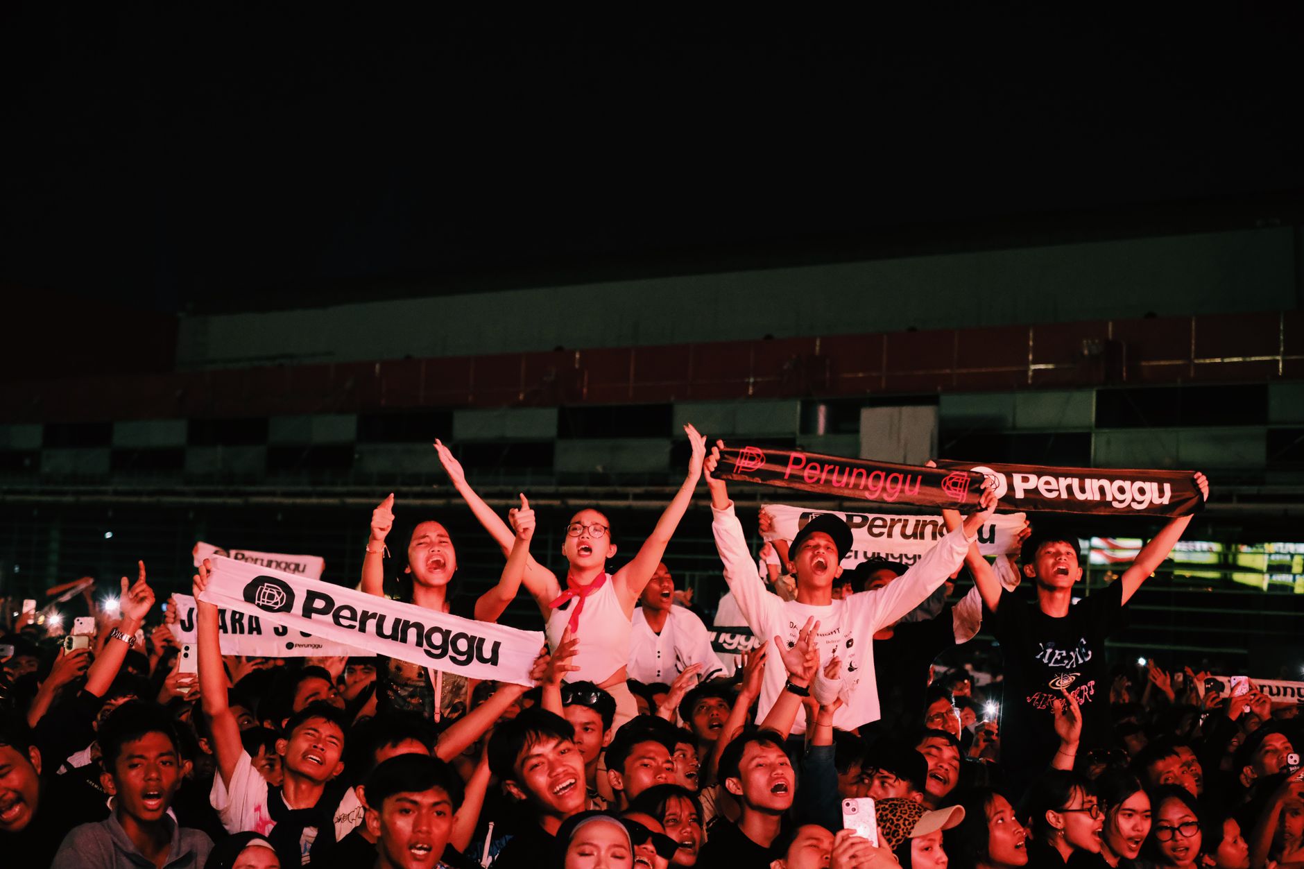 Kerumunan yang meriah bersorak-sorai di konser malam hari di luar ruangan sambil memegang spanduk.