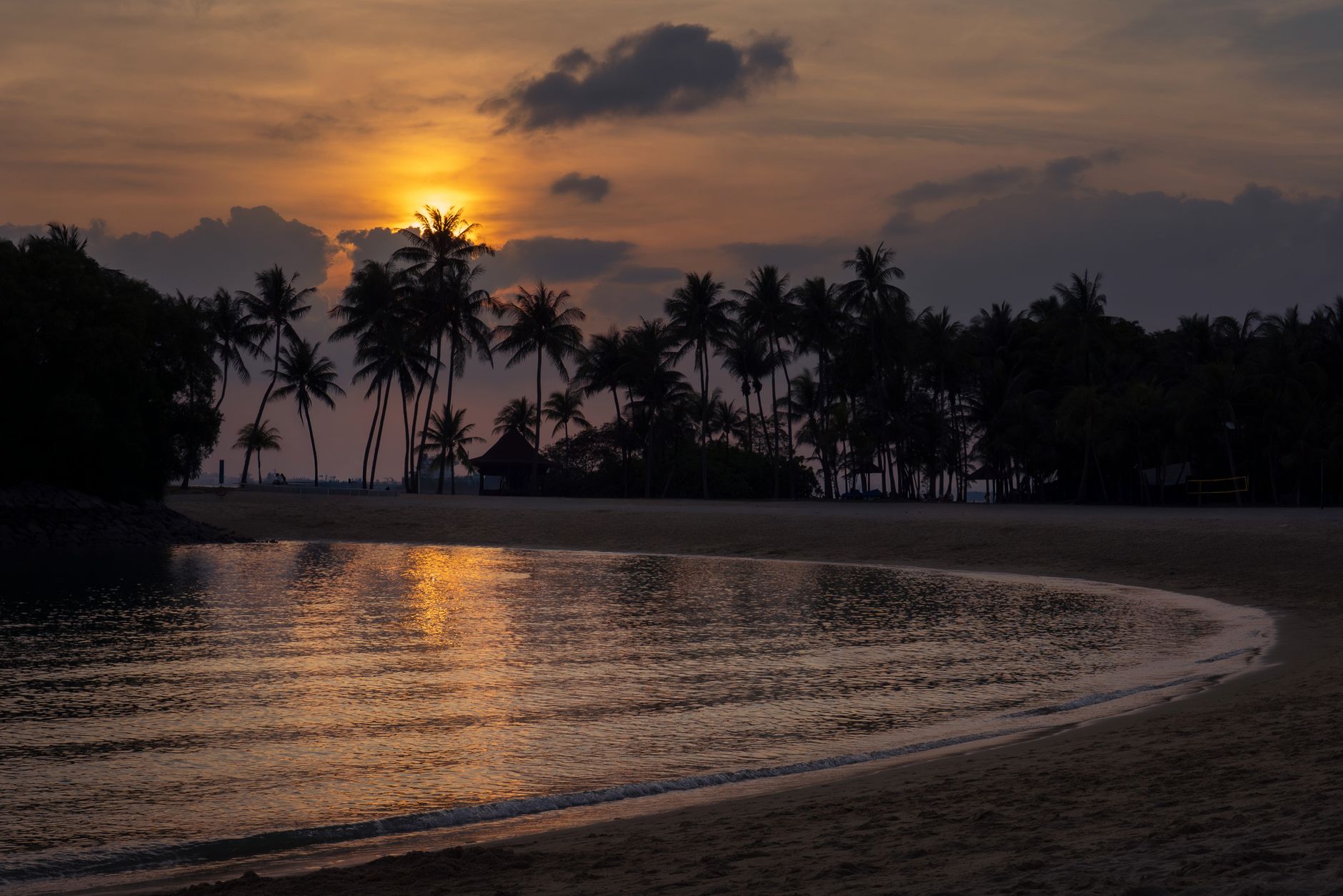 Pemandangan matahari terbenam yang tenang di pantai Singapura dengan siluet pohon palem yang memantulkan warna keemasan.