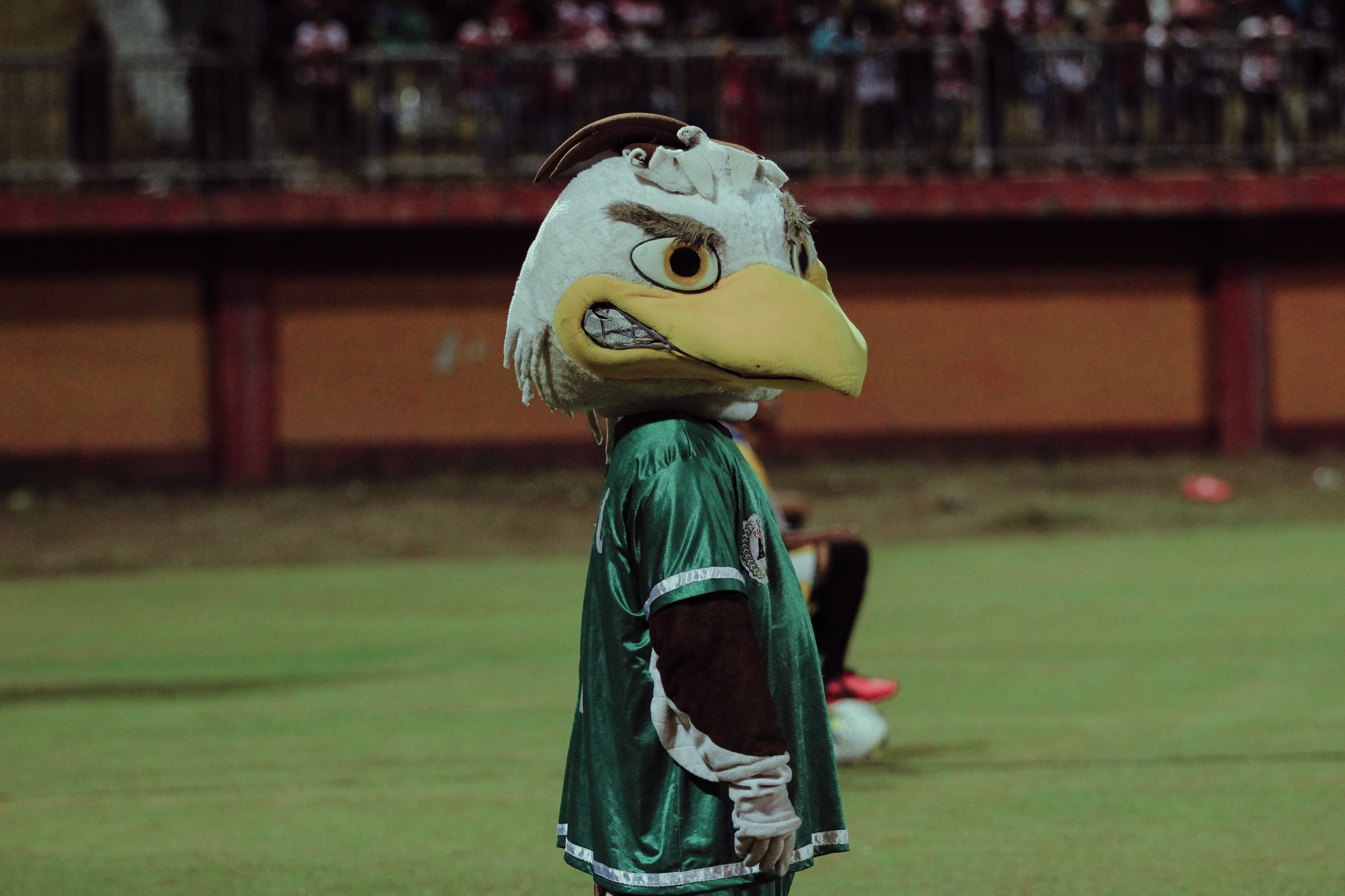 Maskot elang di lapangan selama pertandingan sepak bola di Bangkalan, Jawa Timur.