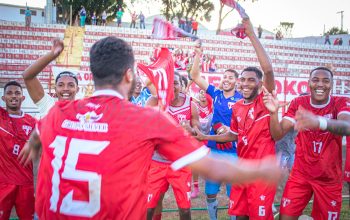 Sebuah tim sepak bola merayakan kemenangan mereka di lapangan dengan gembira, mewujudkan kerja sama tim dan kebahagiaan.